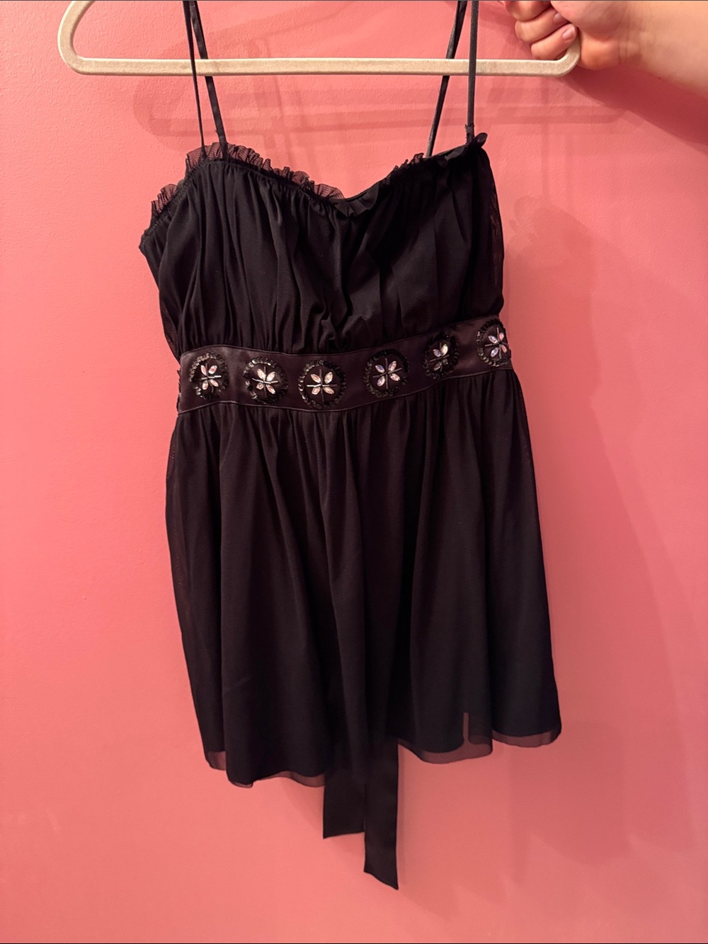 Maternity Black Spaghetti Strap Babydoll Dress with Embellished Waist